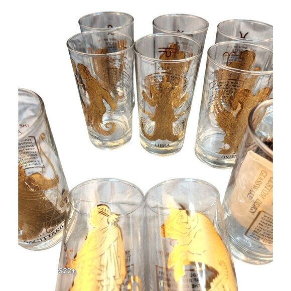 Vintage Mid-Century Libby Zodiac Highball Glasses 23kt Gold  Design Set Of 12 As - Picture 7 of 15
